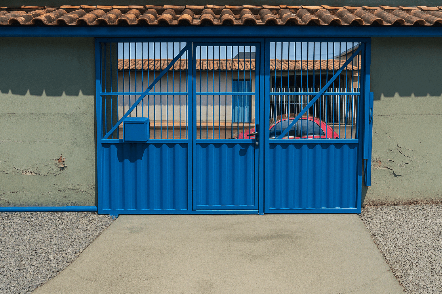 Portão metálico azul com grades verticais instalado pela Serralheria Bonfim em Porto Velho, destacando segurança e acabamento profissional. Imagem melhorada com IA a partir de uma foto original autoral da Serralheria Bonfim. Portão metálico azul com grades verticais instalado pela Serralheria Bonfim em Porto Velho, destacando segurança e acabamento profissional. Imagem melhorada com IA a partir de uma foto original autoral da Serralheria Bonfim.