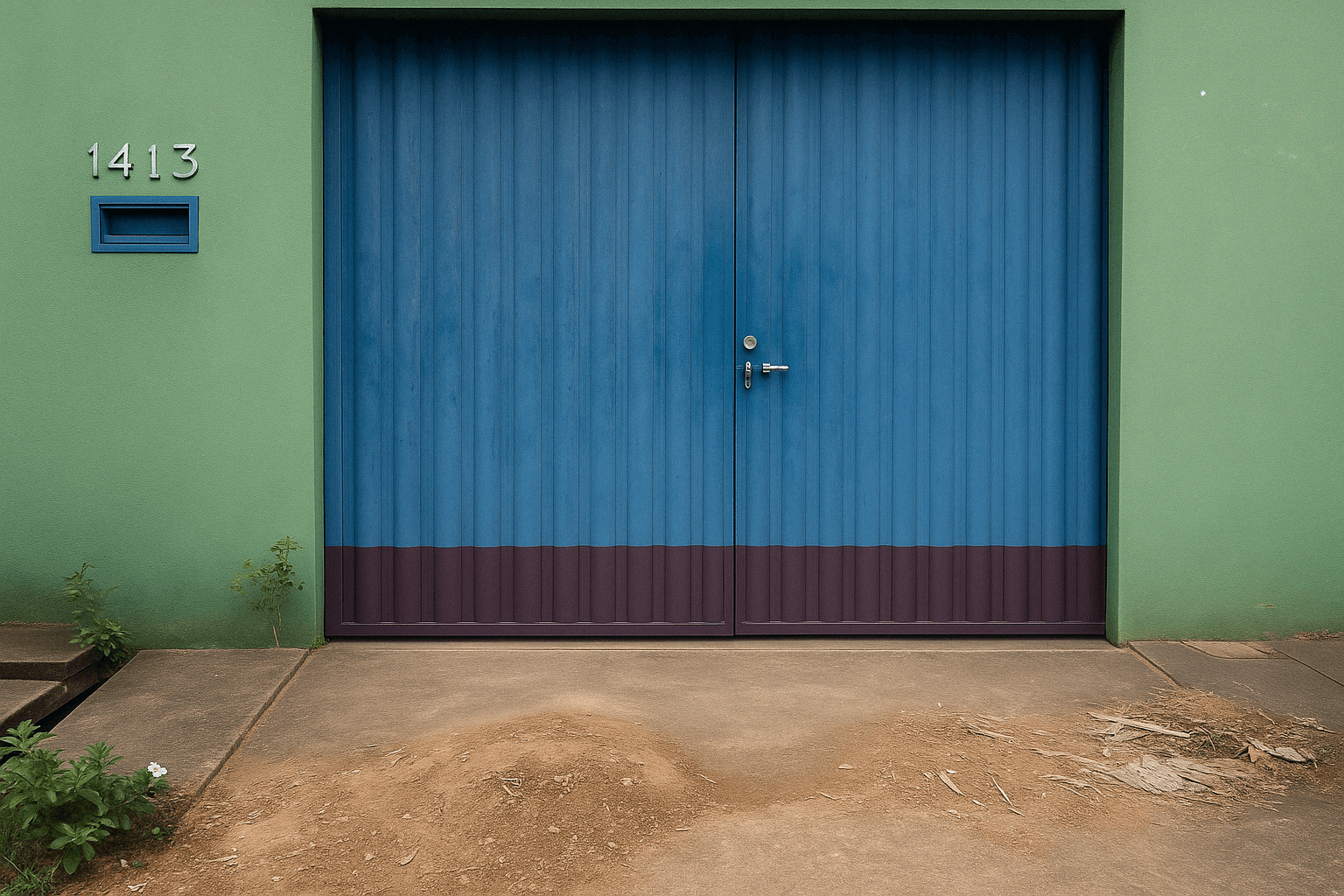 Portão de metal reformado pela Serralheria Bonfim, com pintura azul e marrom, localizado em residência de Porto Velho. Imagem melhorada com IA a partir de uma foto original autoral da Serralheria Bonfim. Portão de metal reformado pela Serralheria Bonfim, com pintura azul e marrom, localizado em residência de Porto Velho. Imagem melhorada com IA a partir de uma foto original autoral da Serralheria Bonfim.