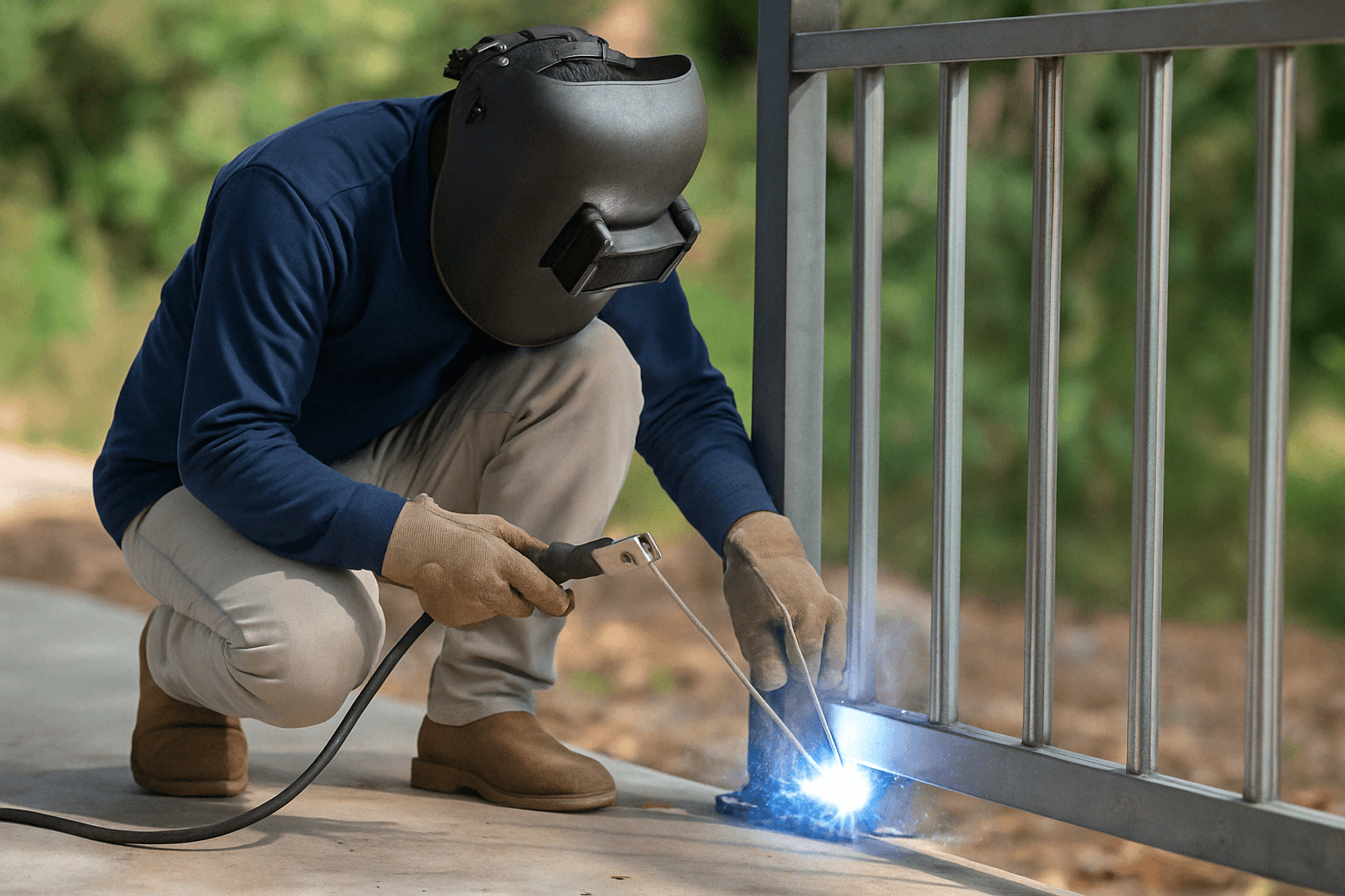 soldagem-de-grade-metalica-personalizada-serralheria-bonfim-porto-velho Profissional realizando soldagem em estrutura metálica de grade personalizada, serviço da Serralheria Bonfim em Porto Velho. Imagem melhorada com IA.